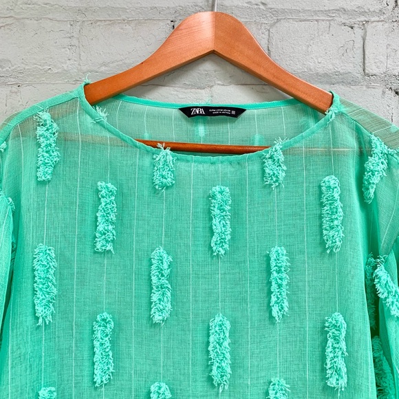 Zara Sheer Green Puff Sleeve Blouse - Picture 5 of 7